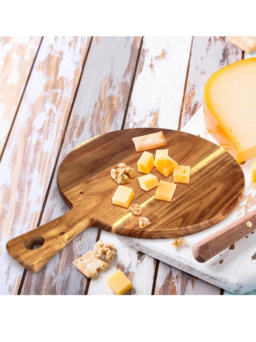 Acacia Wood Cutting Board with Handle Wooden Chopping Board Round Large New - Picture 4 of 6